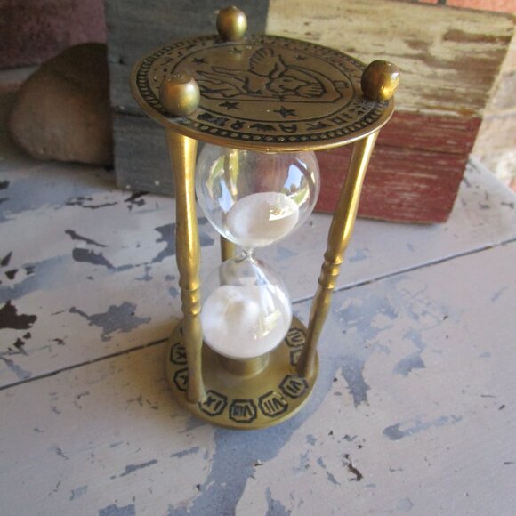 VINTAGE Brass Roman Numerals Astrological Zodiac Clock Hourglass - Picture 4 of 5